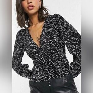 Zara Women’s Medium Black White Polka Dot V-Neck Pleated Blouse Top M Tie Front